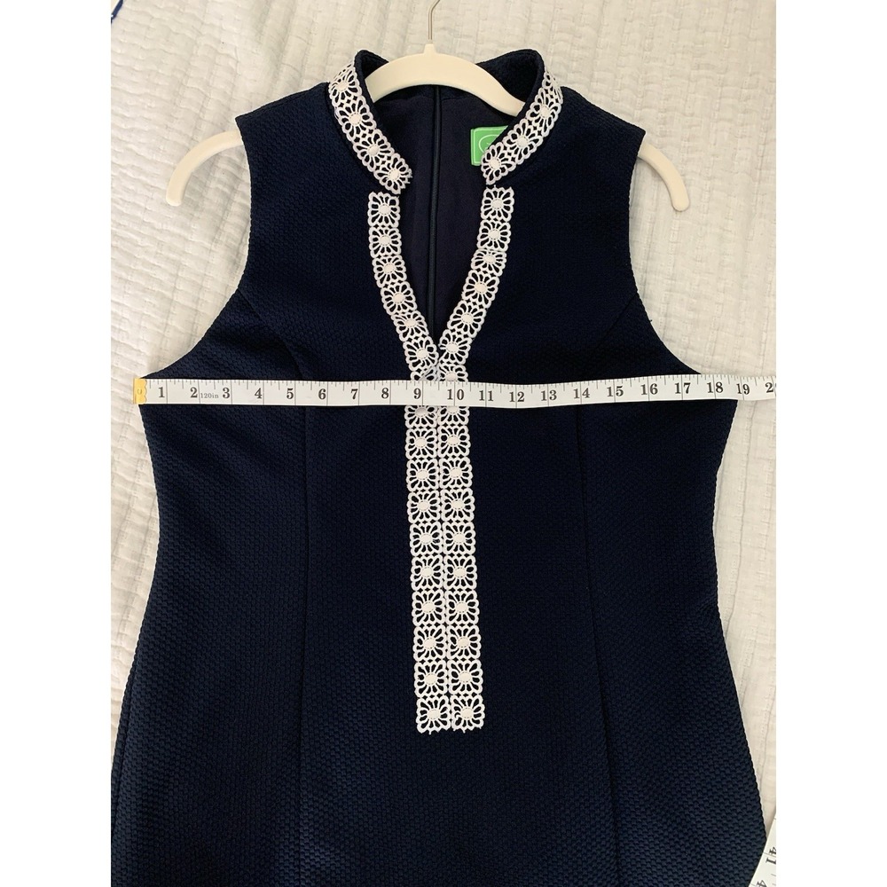 Pappagallo Sheath Dress Sz 10 Navy Blue White Lace Trim Sleeveless Career Preppy - Picture 7 of 10